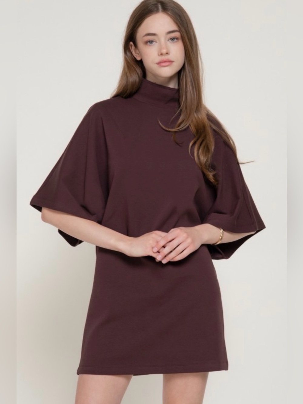 A736. Flutter Sleeve Mock Neck Dress in Deep Plum